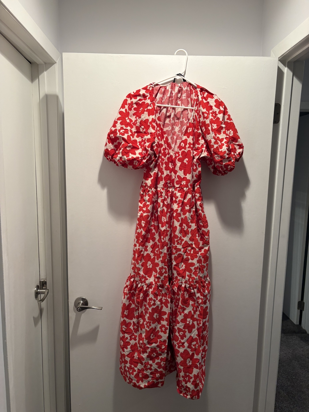 Zara Red and White Floral Puff-Sleeve Maxi Dress